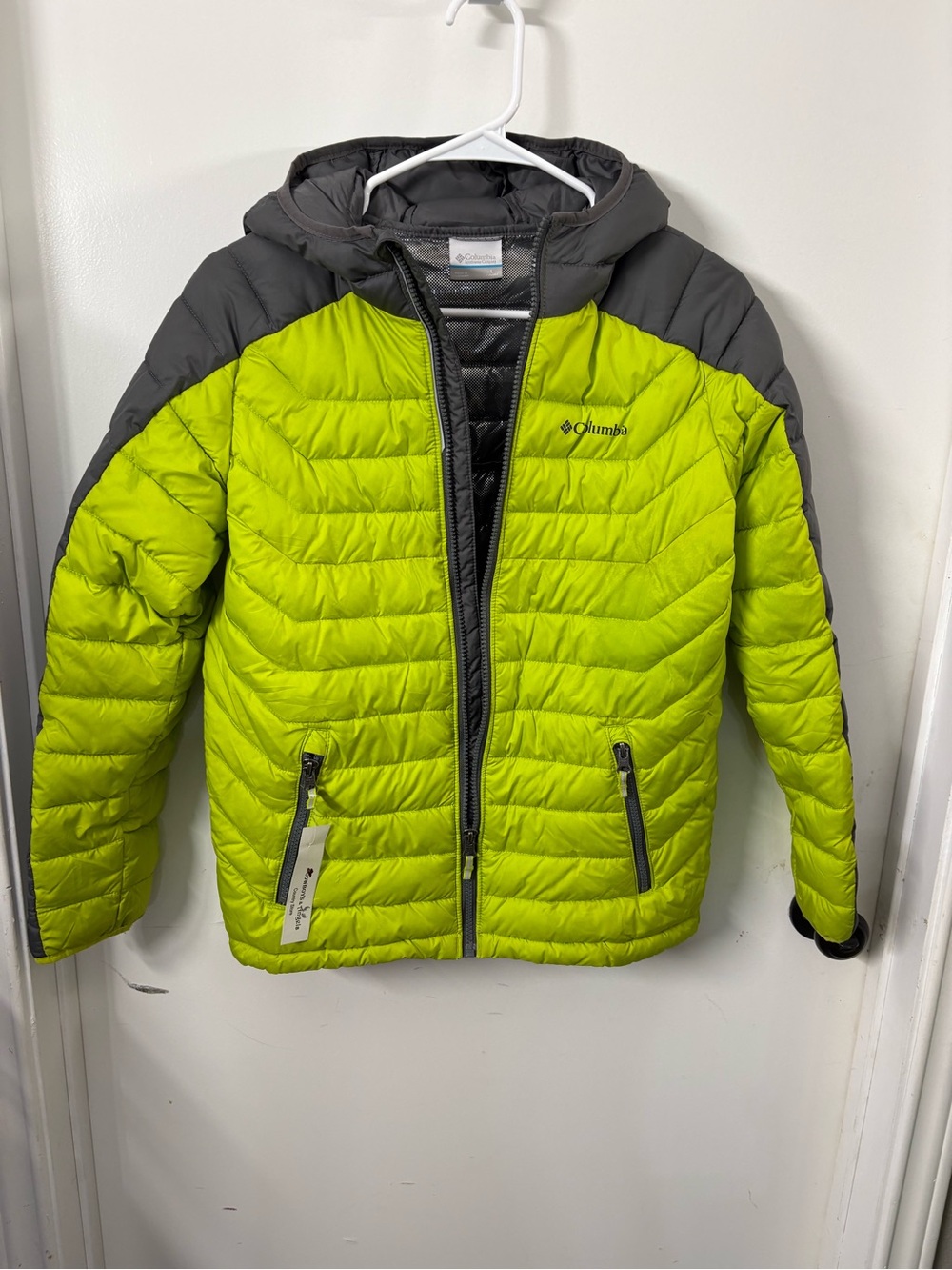 Columbia Lime Green and Gray Kids Hooded Puffer Jacket
